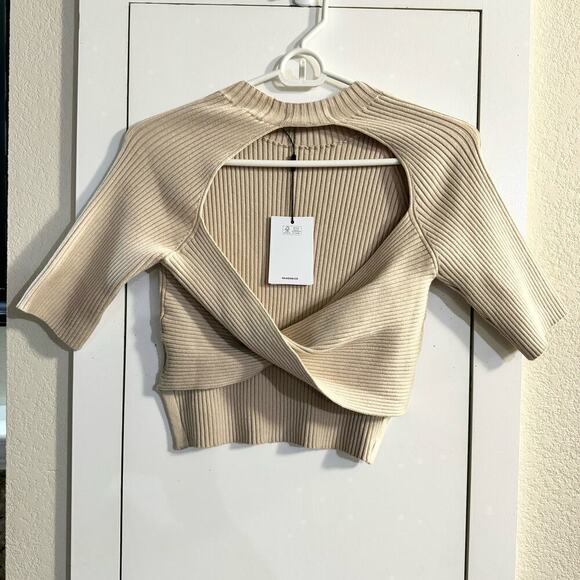 NWT NAADAM Twist Back Short Sleeve Top Beige Cashmere & Silk Blend Ribbed Small - Picture 5 of 10
